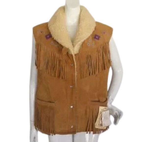 new WILLIAM BARRY Suede Vest, XL, Fringe, Sherpa lined, Southwestern, Snaps - Picture 1 of 16